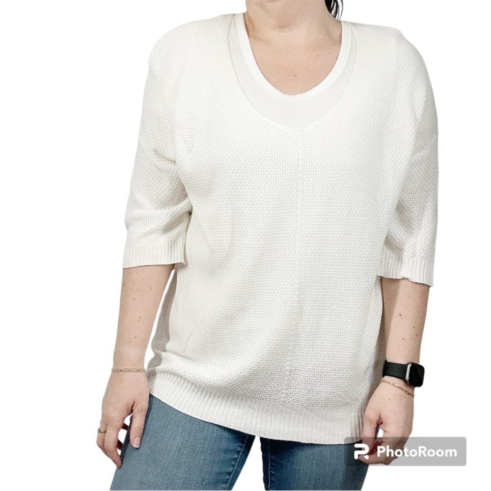 NWOT White V Neck Sweater XL Elbow Sleeve Loose Weave